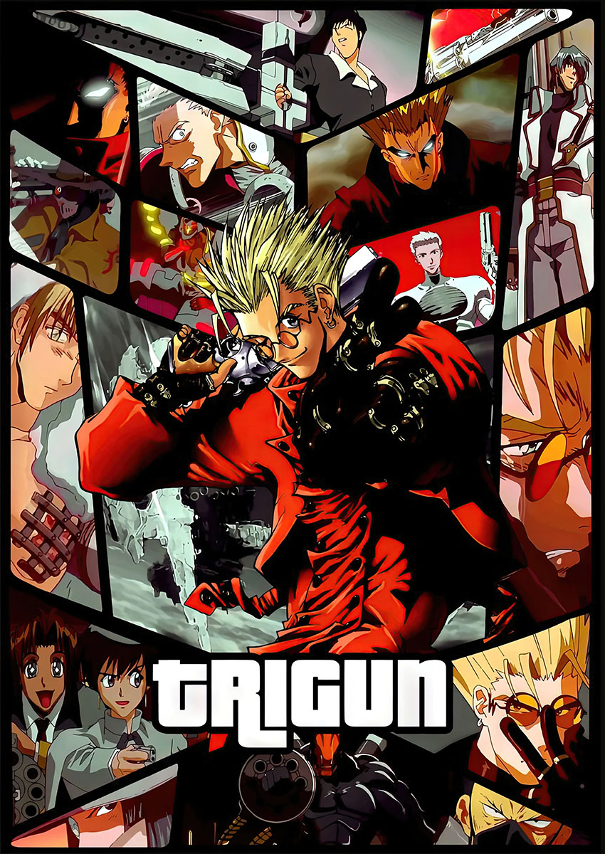 Dynamic artwork featuring characters from Trigun manga in a vibrant collage.